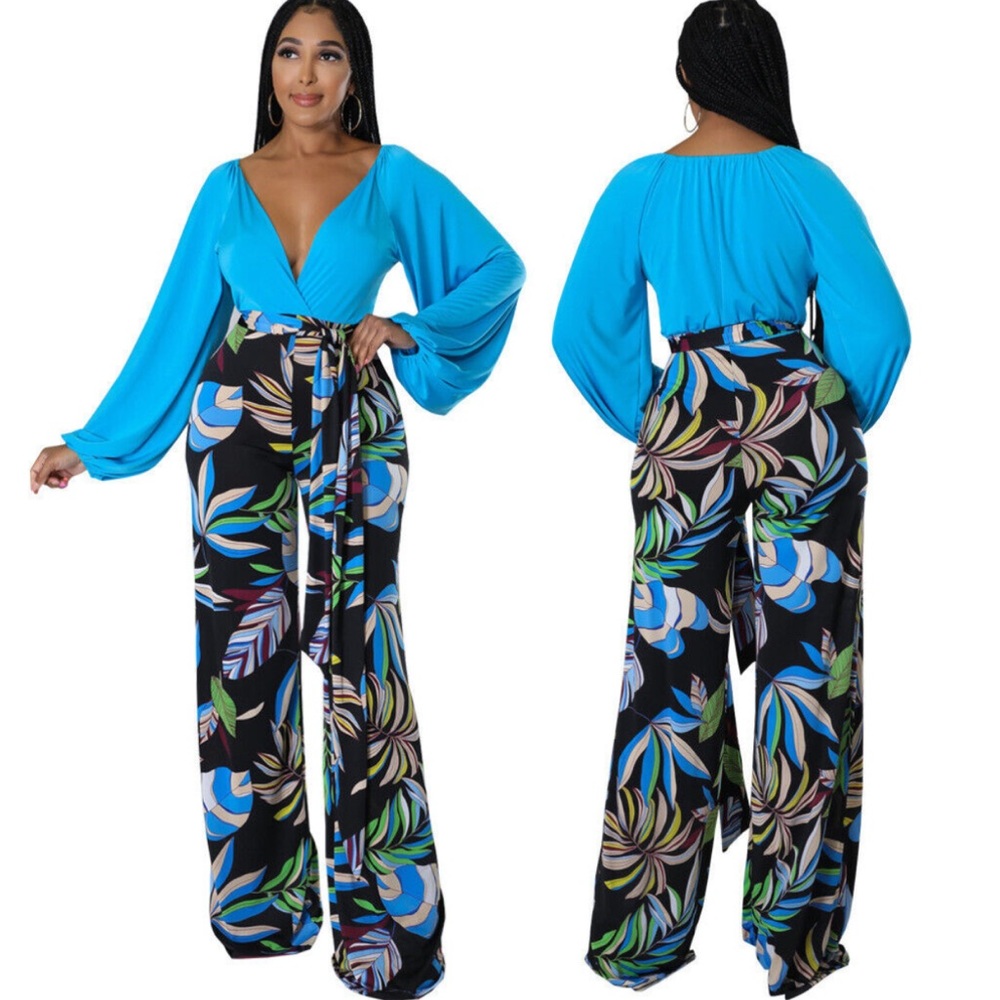 2 Piece Floral Long Sleeves Wide Leg Pants Set with belt
